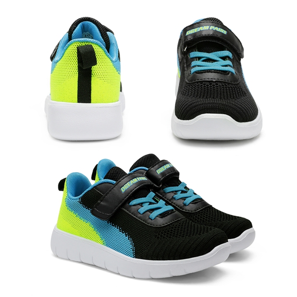 [EZ-Ons MagicZips] Boys Girls Tennis Running Shoes - BLACK BLUE NEON GREEN - 1